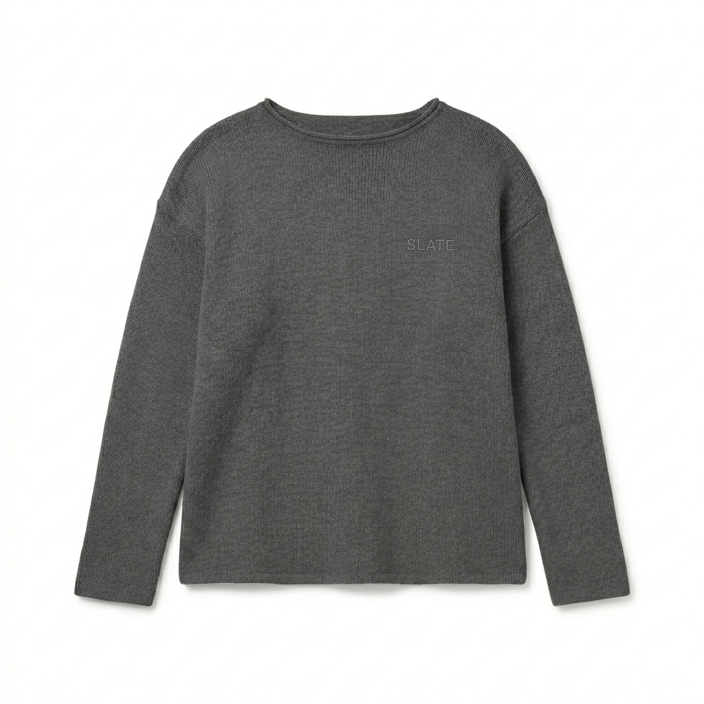 Custom Women's Knitted Sweater design direction 1: Tonal Minimalist Wordmark featuring the SLATE wordmark