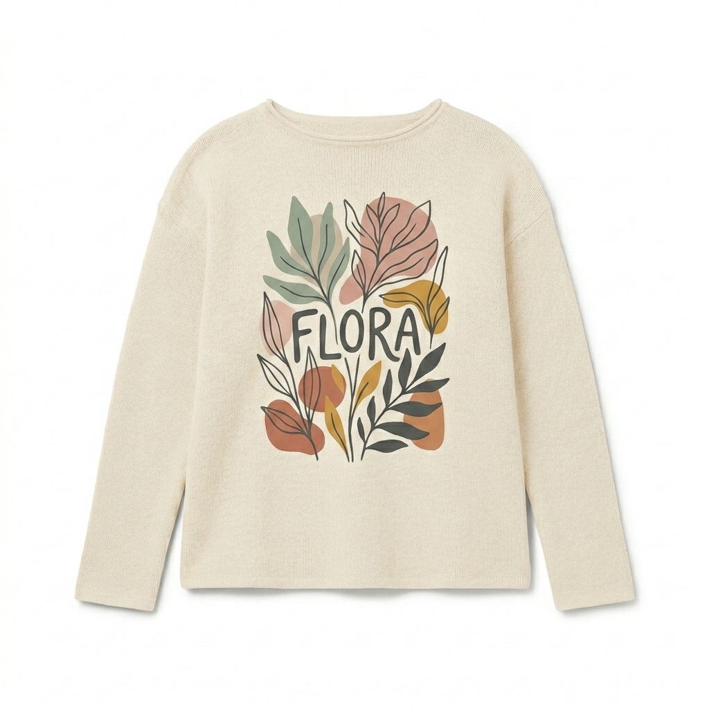 Custom Women's Knitted Sweater design direction 2: Abstract Botanical Graphic featuring the FLORA wordmark