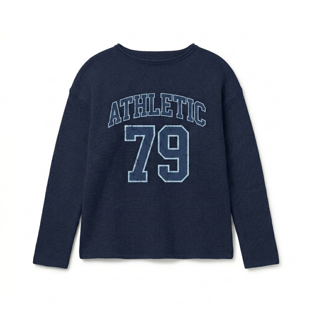 Custom Women's Knitted Sweater design direction 3: Retro Collegiate Emblem featuring the ATHLETIC 79 wordmark