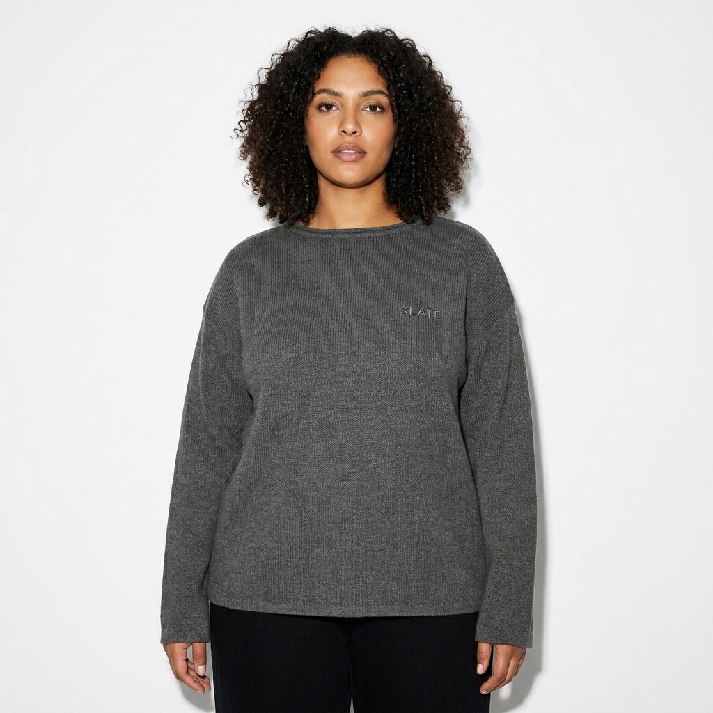 Women's Knitted Sweater worn by a mid-size North African female fashion influencer, clean-girl minimal styling, studio lookbook — custom women's knitted sweater