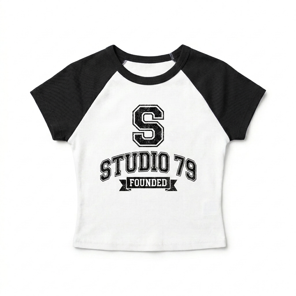 Custom Women's Micro Rib Raglan Tee design direction 2: Retro Collegiate Emblem featuring the STUDIO 79 wordmark