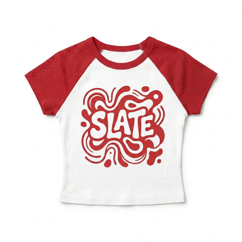 Custom Women's Micro Rib Raglan Tee design direction 3: Bold Abstract Illustration featuring the SLATE wordmark