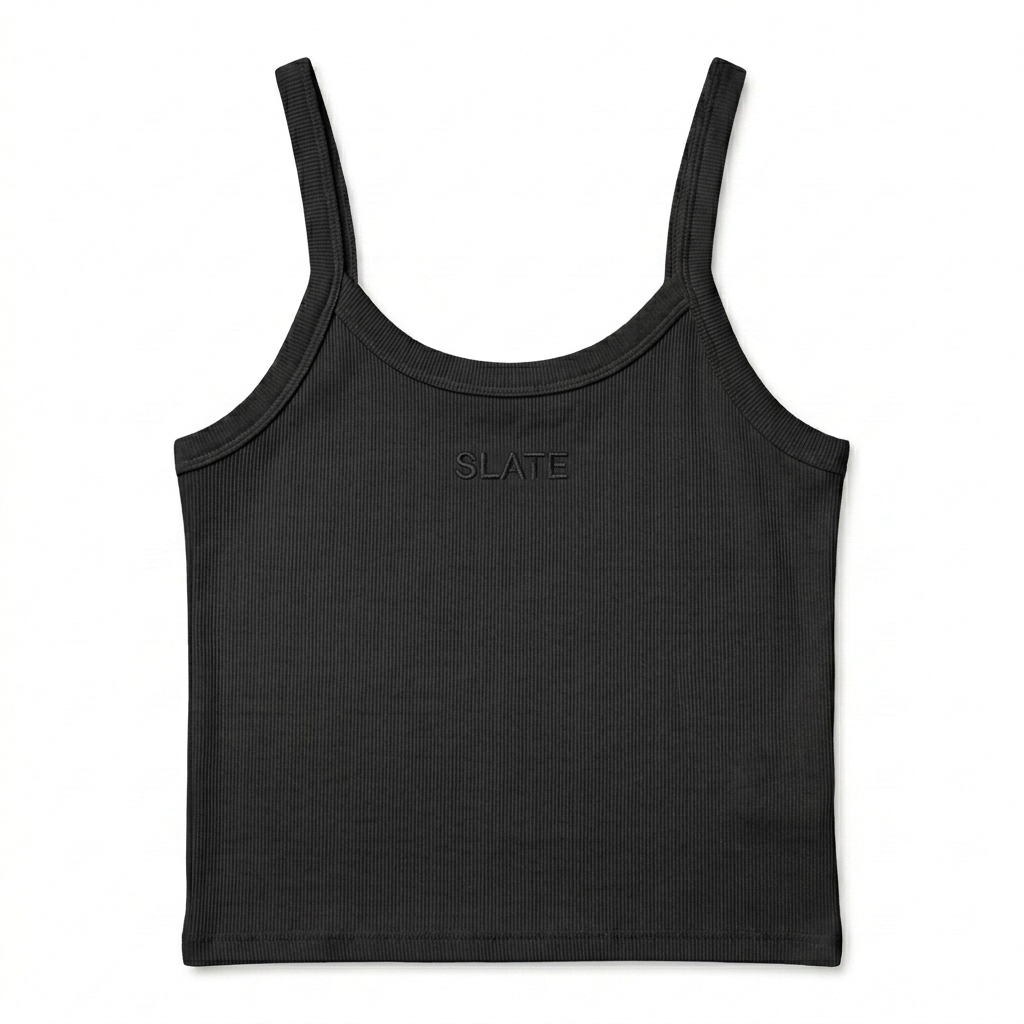Custom Women's Micro-Rib Tank Top design direction 1: Tonal Minimalist Wordmark featuring the SLATE wordmark