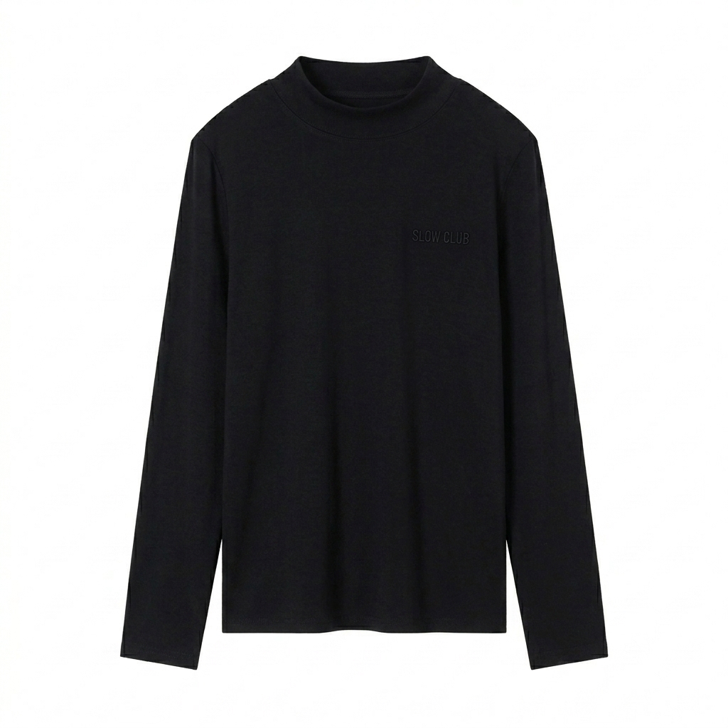 Custom Women's Mock Neck Long Sleeve Tee design direction 1: Subtle Tonal Branding featuring the SLOW CLUB wordmark