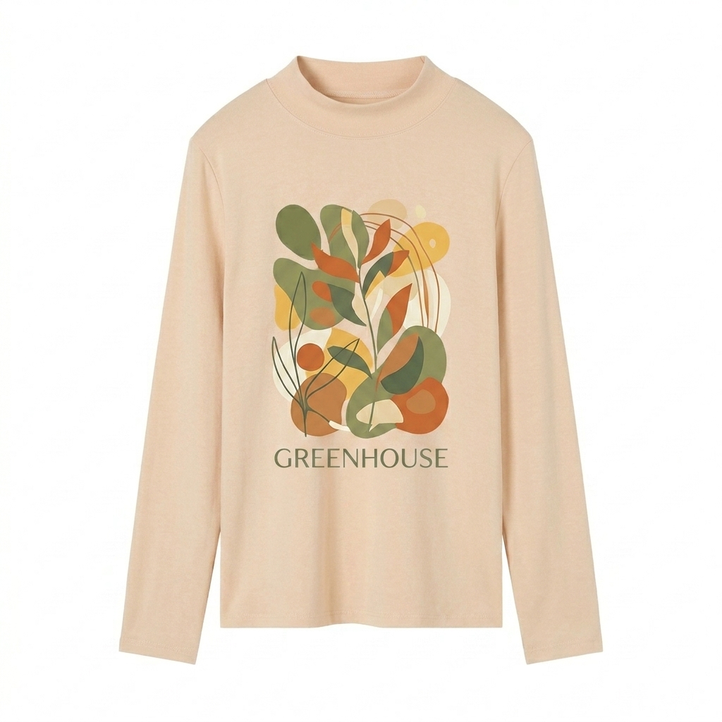 Custom Women's Mock Neck Long Sleeve Tee design direction 2: Abstract Botanical Graphic featuring the GREENHOUSE wordmark