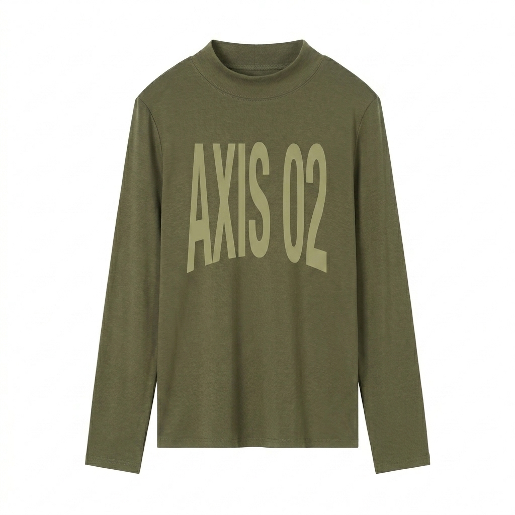 Custom Women's Mock Neck Long Sleeve Tee design direction 3: Distorted Lettering Statement featuring the AXIS 02 wordmark