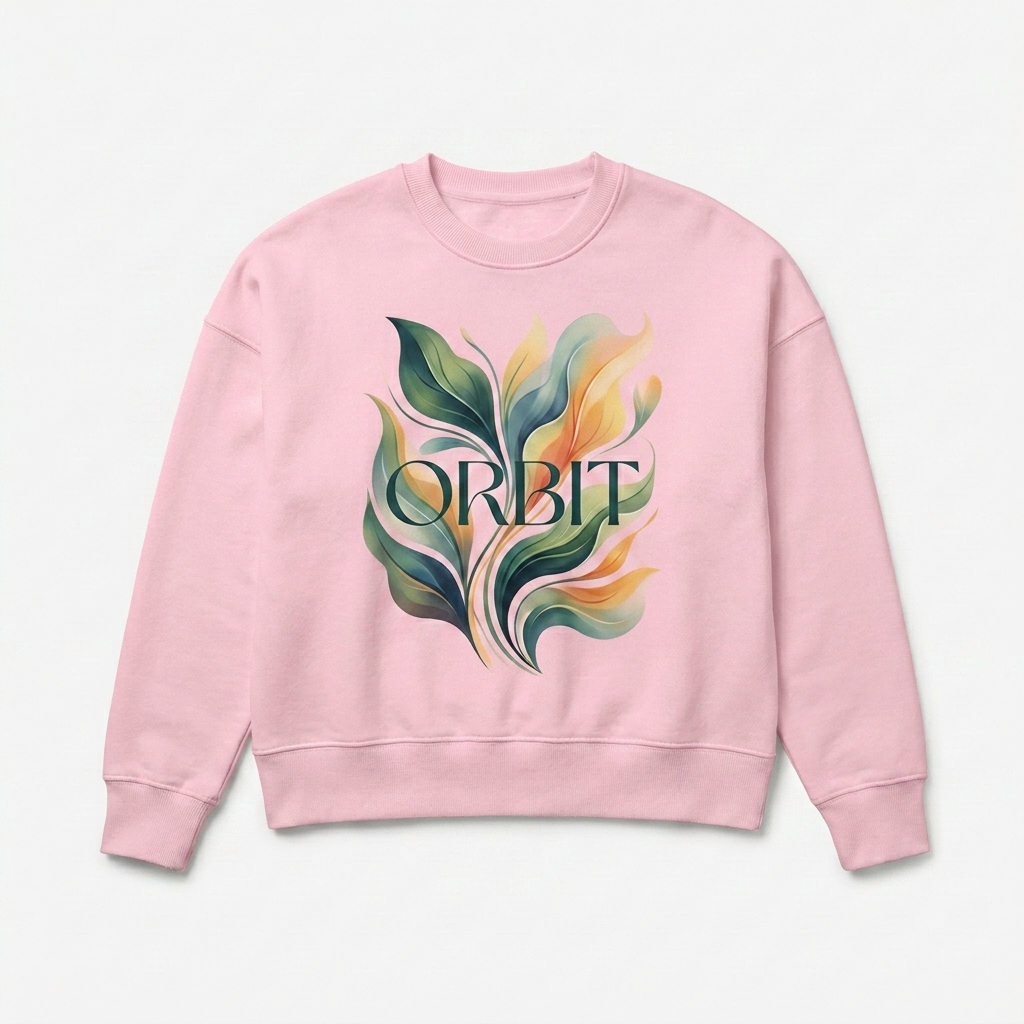 Custom Women's Organic Crewneck Sweatshirt design direction 2: Abstract Botanical Graphic featuring the ORBIT wordmark