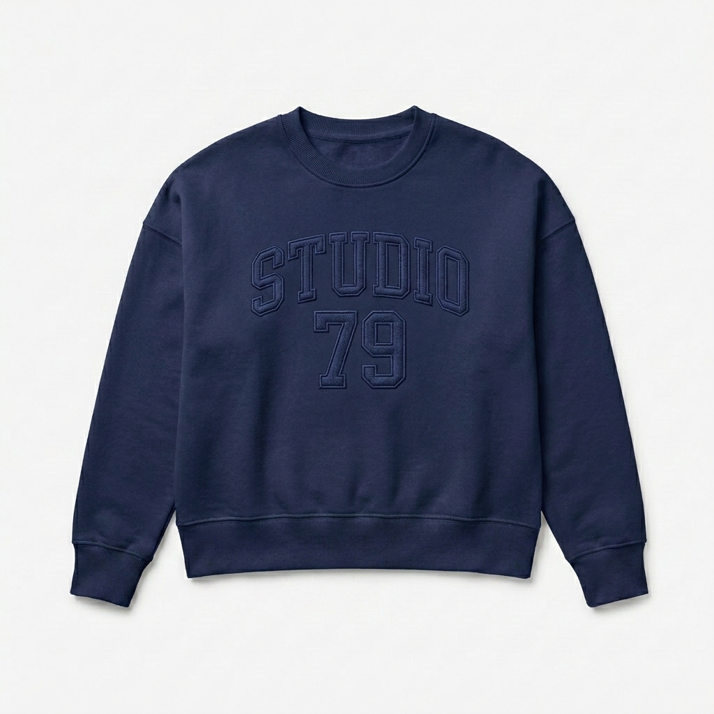 Custom Women's Organic Crewneck Sweatshirt design direction 3: Varsity Lettering featuring the STUDIO 79 wordmark