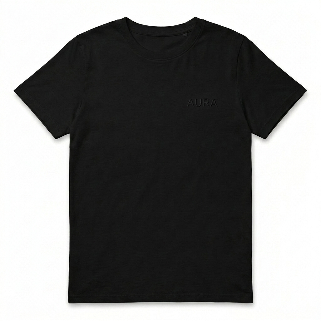 Custom Women's Organic Ribbed Neck T-Shirt design direction 1: Tonal Minimalist Wordmark featuring the AURA wordmark