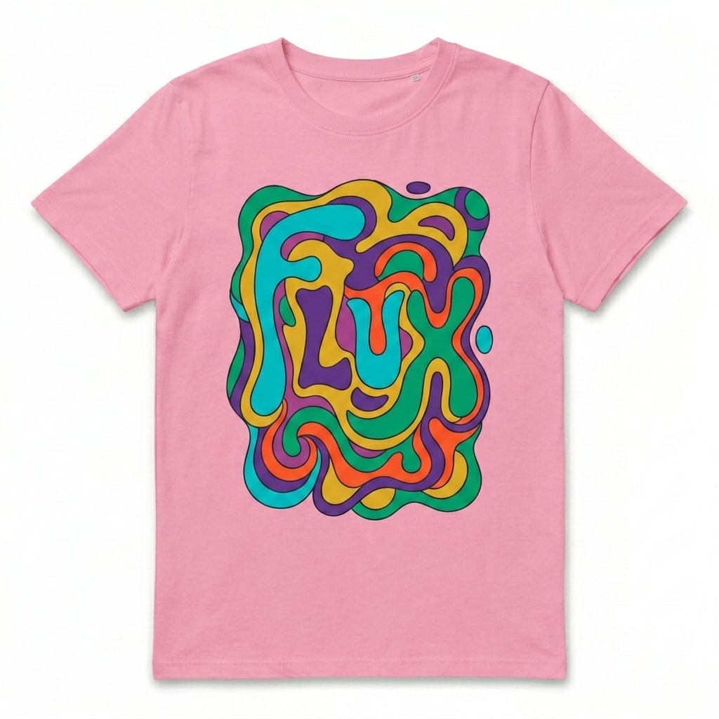 Custom Women's Organic Ribbed Neck T-Shirt design direction 2: Bold Abstract Graphic featuring the FLUX wordmark