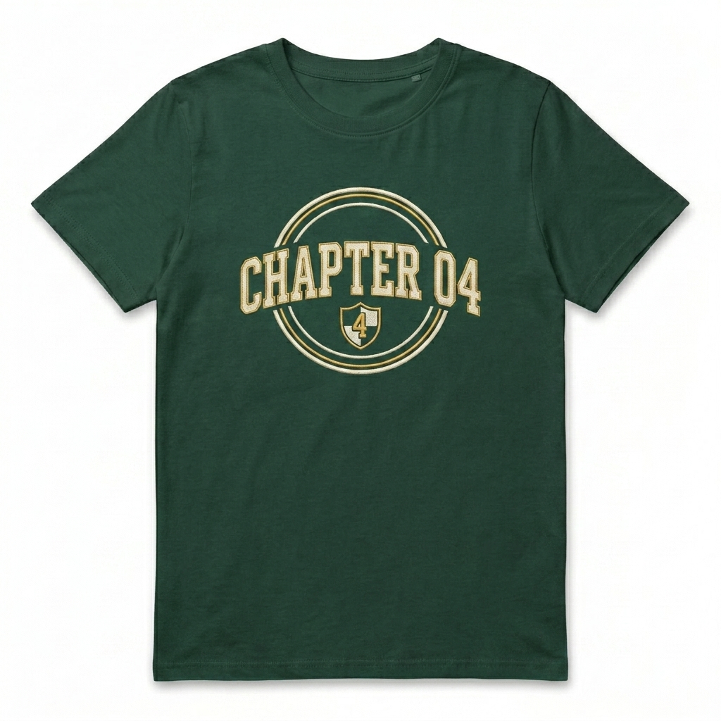 Custom Women's Organic Ribbed Neck T-Shirt design direction 3: Retro Collegiate Emblem featuring the CHAPTER 04 wordmark