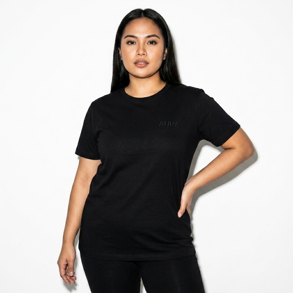 Women's Organic Ribbed Neck T-Shirt worn by a curvy Filipino female fashion influencer, preppy ivy styling, studio lookbook — custom women's organic ribbed neck t-shirt