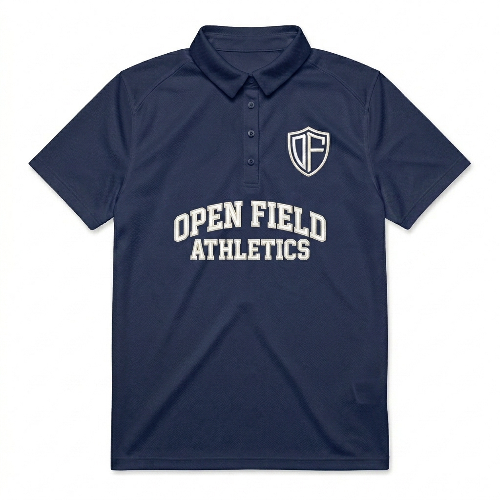 Custom Women's Performance Polo design direction 2: Retro Collegiate Emblem featuring the OPEN FIELD wordmark