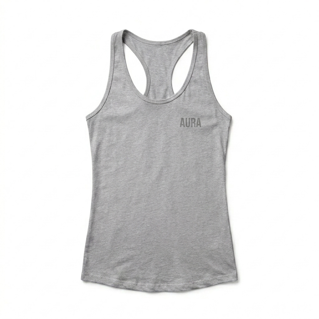 Custom Women's Racerback Tank Top design direction 1: Tonal Minimalist Wordmark featuring the AURA wordmark
