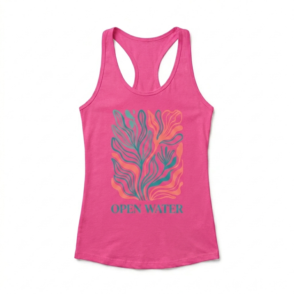 Custom Women's Racerback Tank Top design direction 2: Bold Graphic Illustration featuring the OPEN WATER wordmark