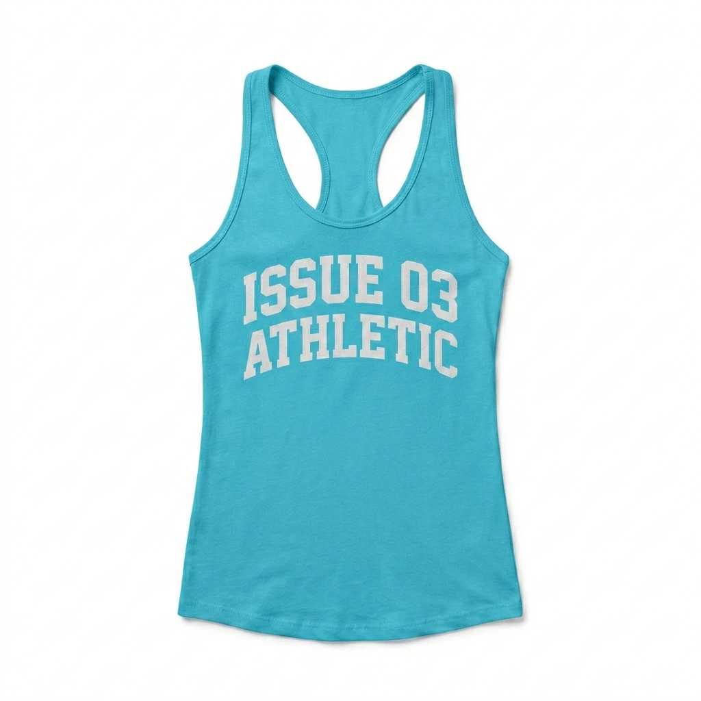 Custom Women's Racerback Tank Top design direction 3: Retro Collegiate Emblem featuring the ISSUE 03 wordmark