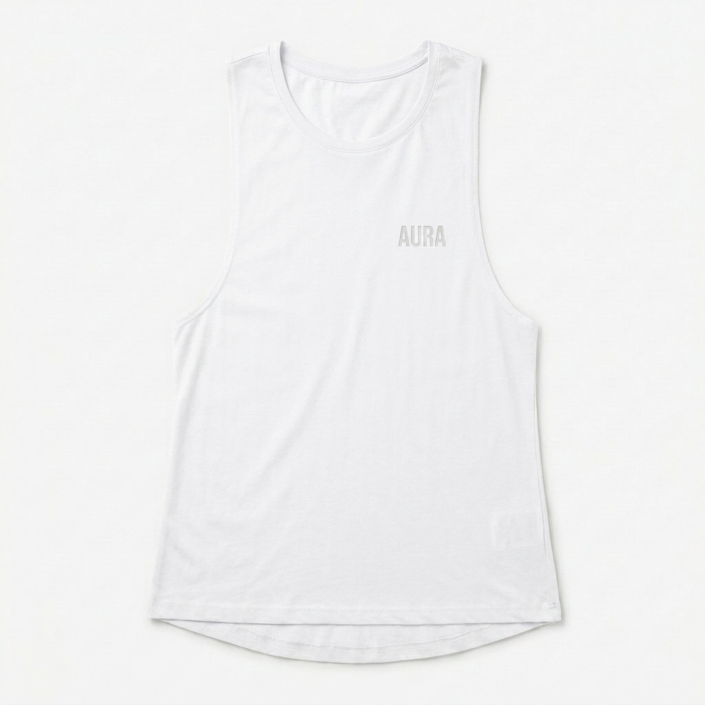 Custom Women's Relaxed Fit Muscle Tank design direction 1: Minimalist Wordmark featuring the AURA wordmark