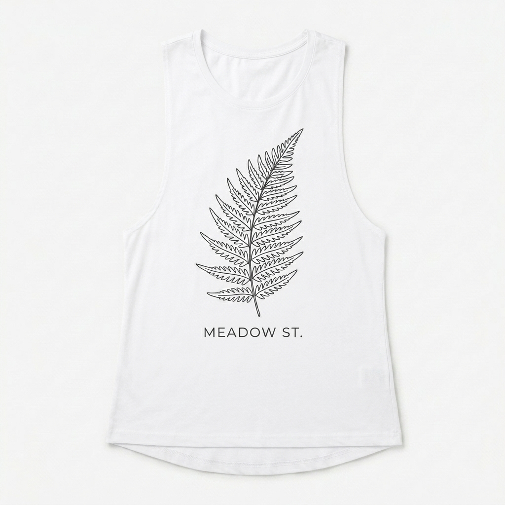 Custom Women's Relaxed Fit Muscle Tank design direction 2: Botanical Graphic featuring the MEADOW ST. wordmark