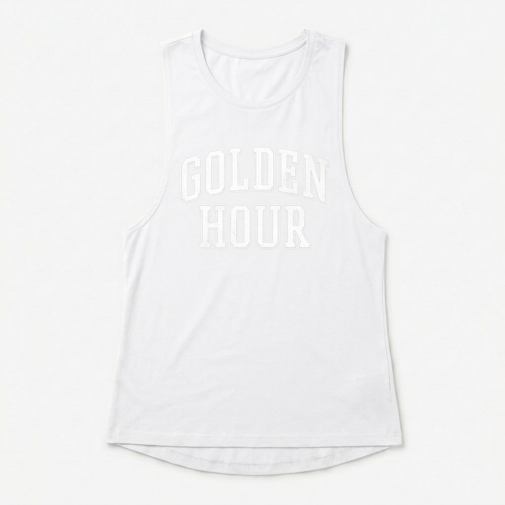 Custom Women's Relaxed Fit Muscle Tank design direction 3: Retro Collegiate Typography featuring the GOLDEN HOUR wordmark