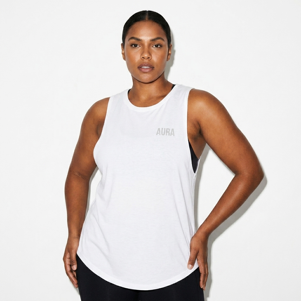 Women's Relaxed Fit Muscle Tank worn by a broad-shouldered Brazilian female fashion influencer, sporty athleisure styling, studio lookbook — custom women's relaxed fit muscle tank