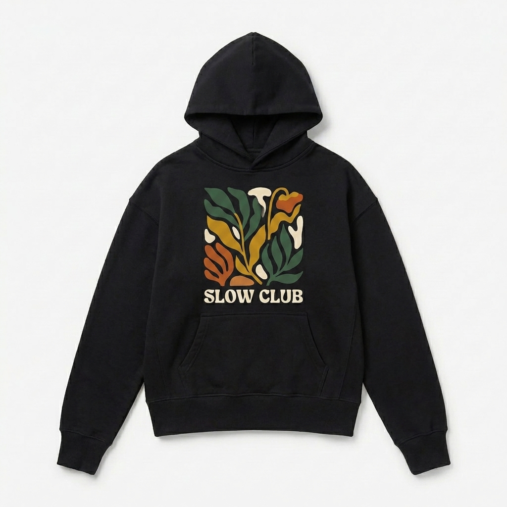 Custom Women's Relaxed Pullover Hoodie design direction 2: Bold Abstract Graphic featuring the SLOW CLUB wordmark