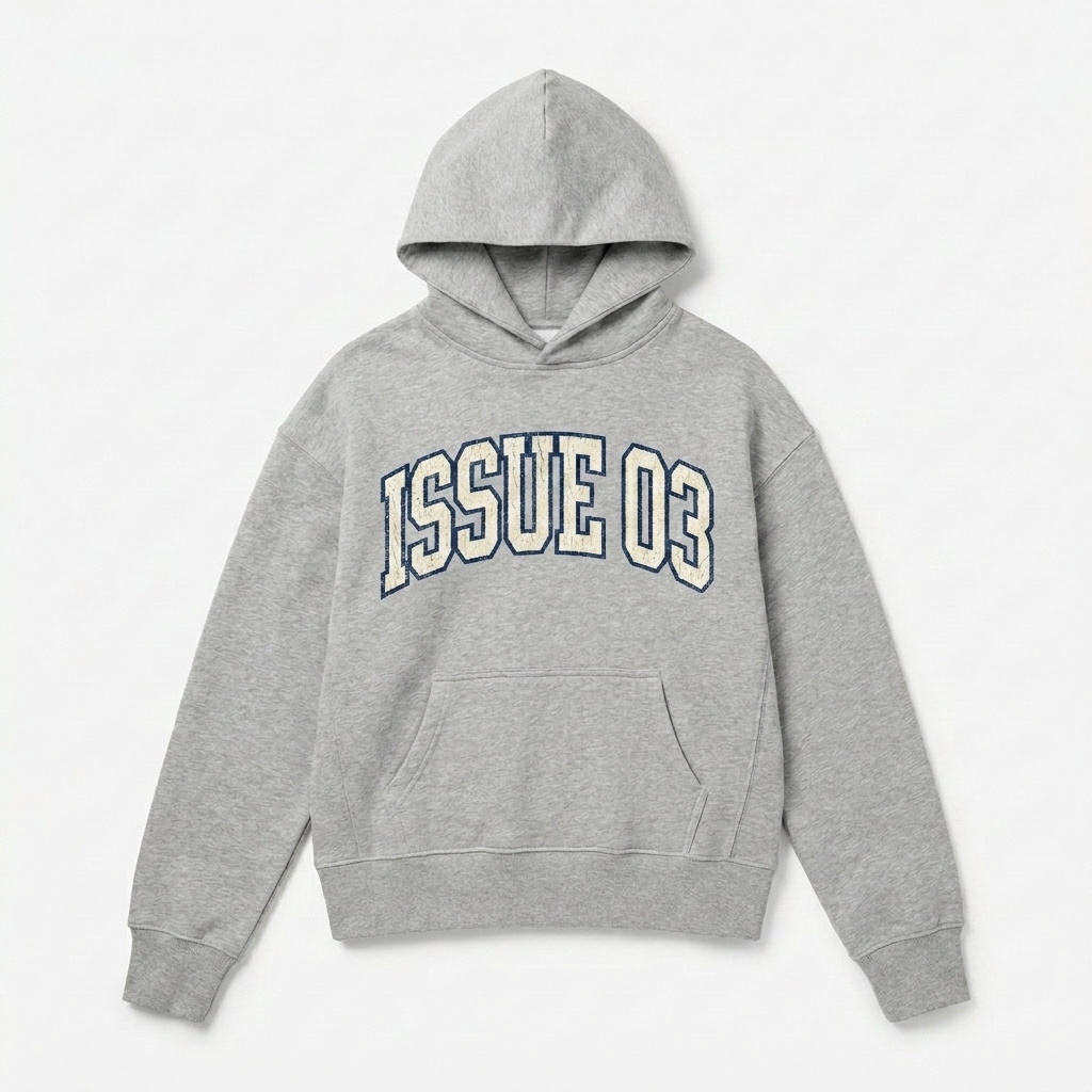 Custom Women's Relaxed Pullover Hoodie design direction 3: Retro Collegiate Emblem featuring the ISSUE 03 wordmark