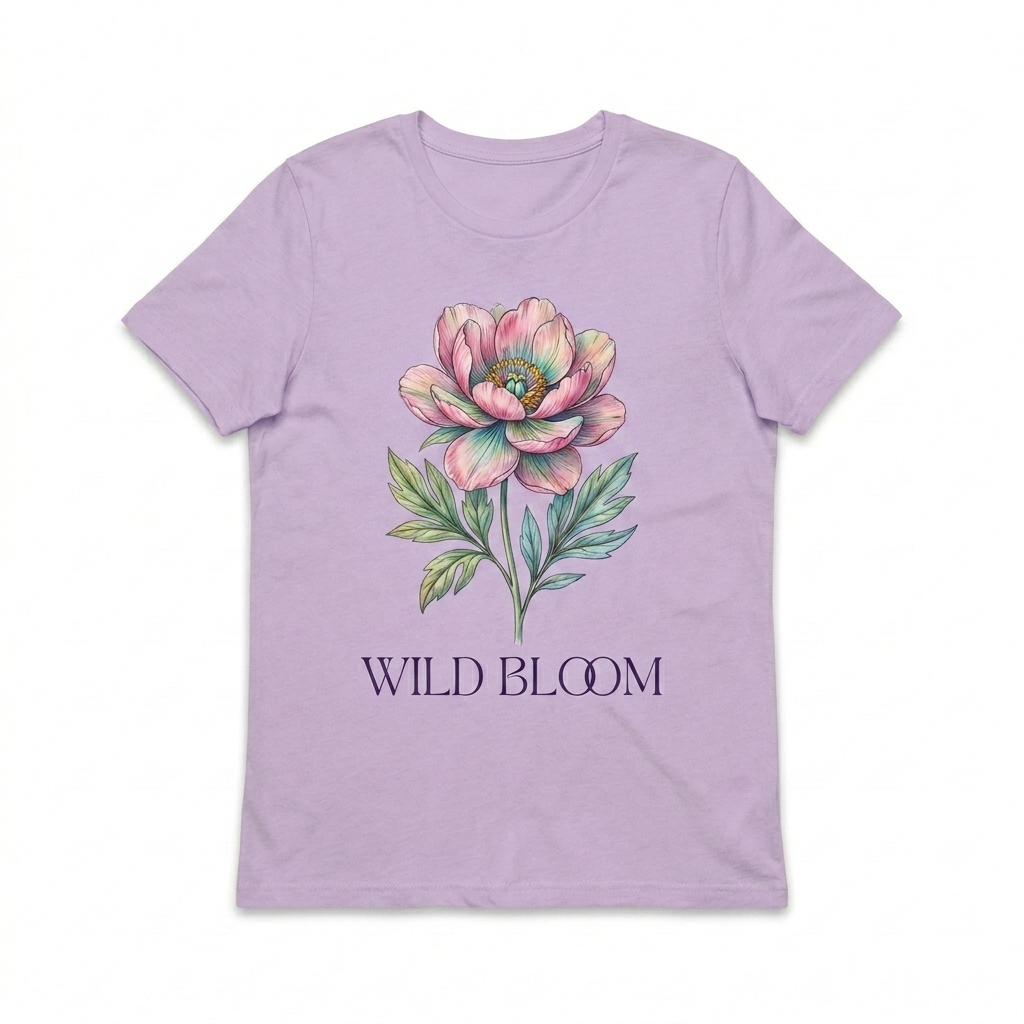 Custom Women's Relaxed T-Shirt design direction 2: Botanical Illustration featuring the WILD BLOOM wordmark