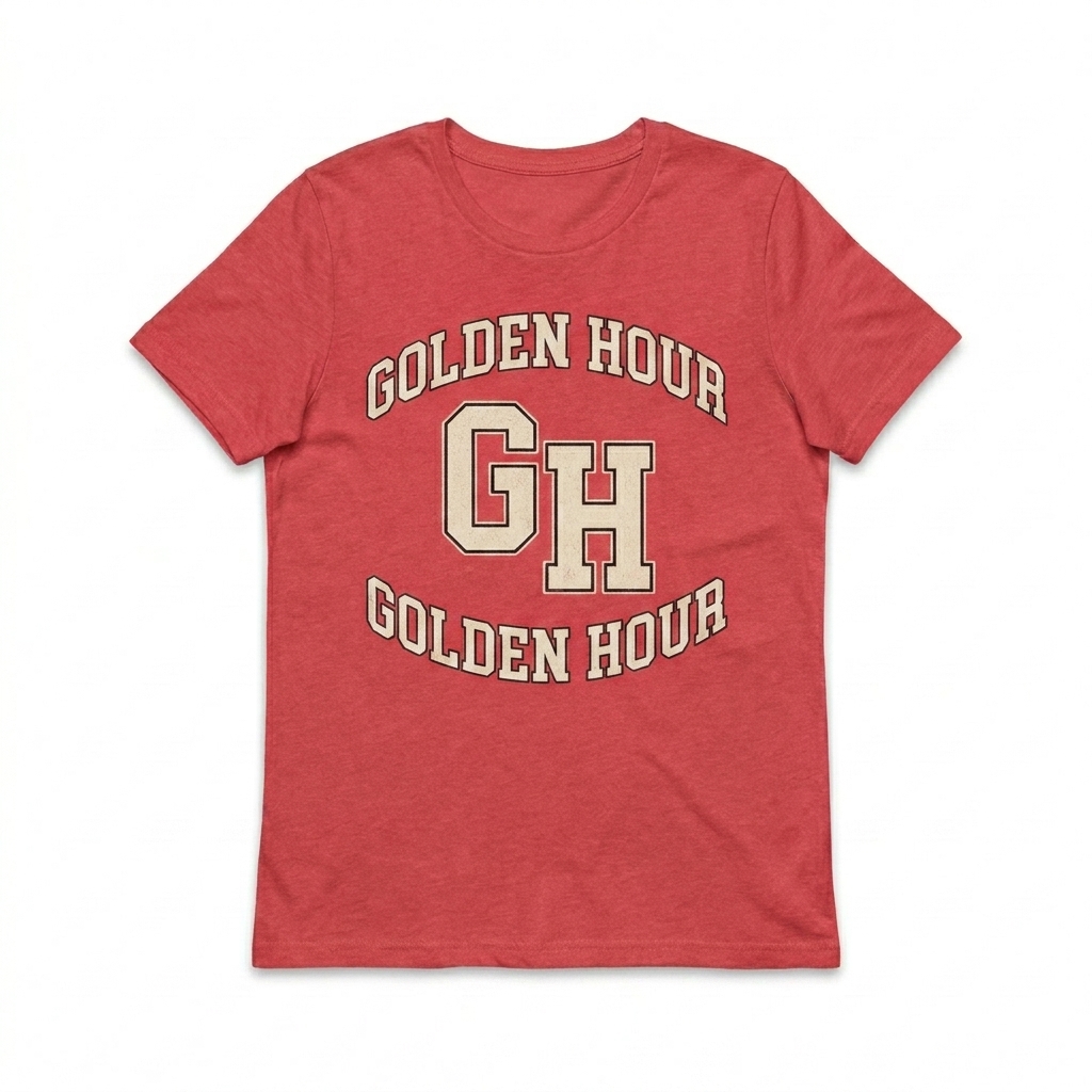 Custom Women's Relaxed T-Shirt design direction 3: Varsity Athletic Emblem featuring the GOLDEN HOUR wordmark
