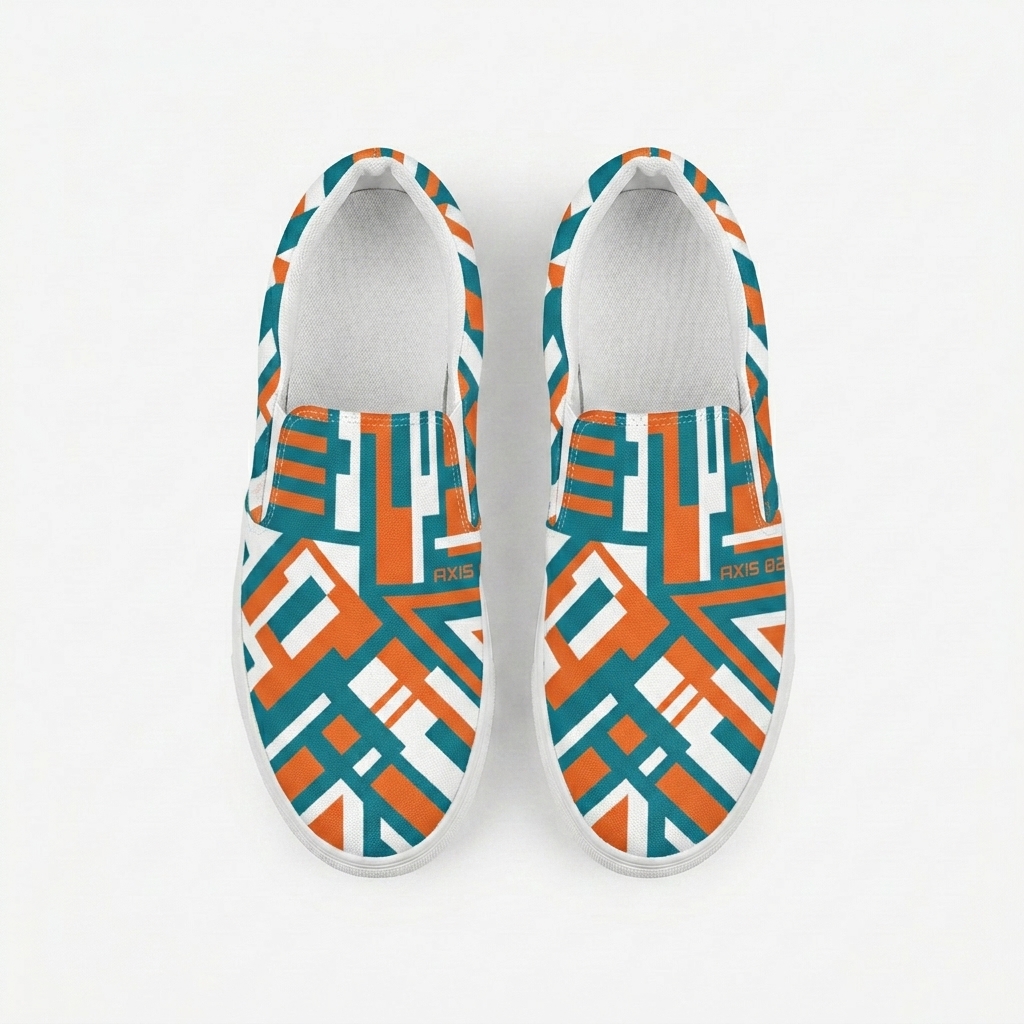 Custom Women's Slip-On Canvas Shoes design direction 1: Abstract Geometric Print featuring the AXIS 02 wordmark