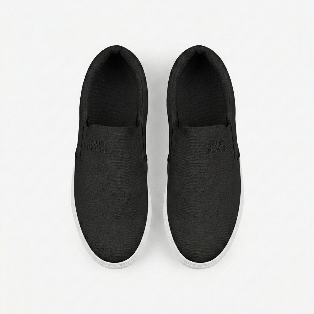 Custom Women's Slip-On Canvas Shoes design direction 2: Subtle Embroidered Wordmark featuring the QUIET POWER wordmark
