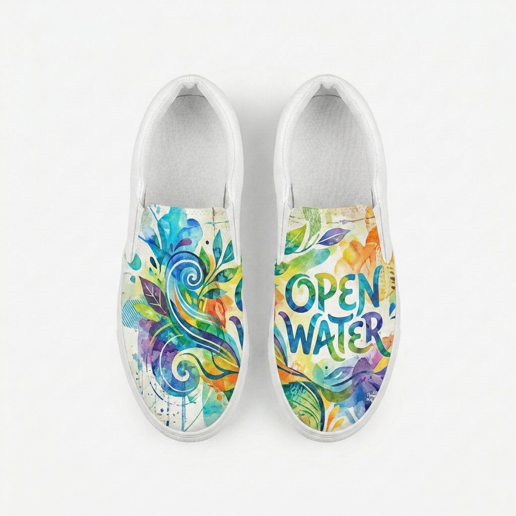 Custom Women's Slip-On Canvas Shoes design direction 3: Vibrant Collage Graphic featuring the OPEN WATER wordmark
