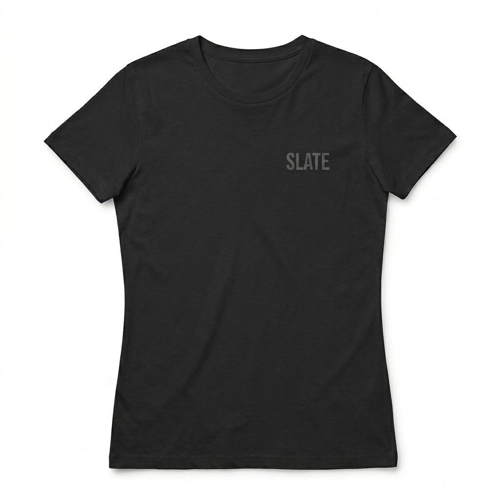 Custom Women's Softstyle T-Shirt design direction 1: Minimalist Wordmark featuring the SLATE wordmark