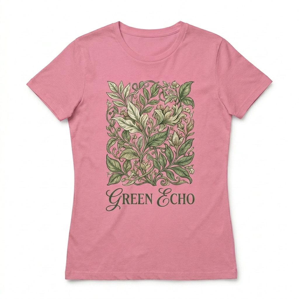 Custom Women's Softstyle T-Shirt design direction 2: Botanical Illustration featuring the GREEN ECHO wordmark