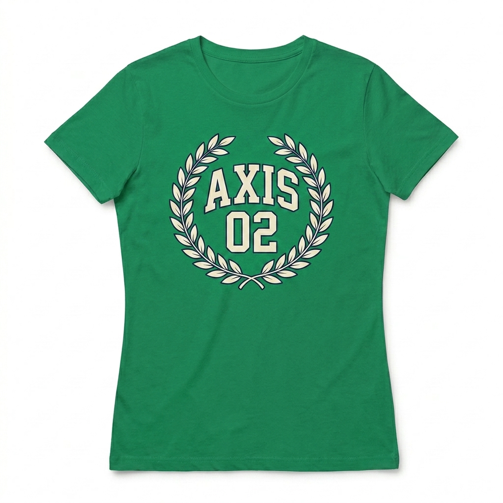 Custom Women's Softstyle T-Shirt design direction 3: Retro Collegiate Emblem featuring the AXIS 02 wordmark