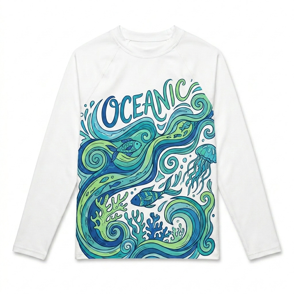 Custom Youth All-Over Print Rash Guard design direction 1: Oceanic Flow featuring the OCEANIC wordmark