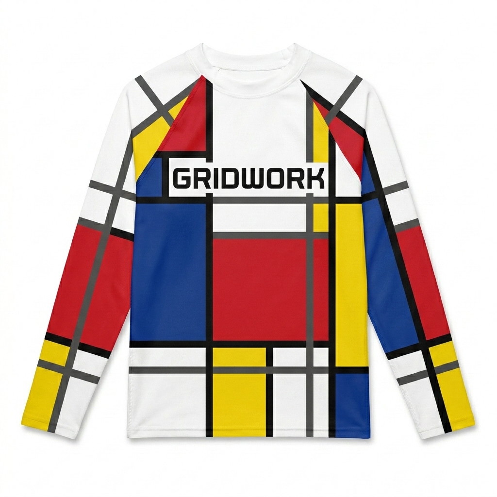 Custom Youth All-Over Print Rash Guard design direction 2: Geometric Grid featuring the GRIDWORK wordmark