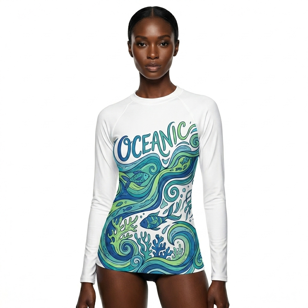 Youth All-Over Print Rash Guard worn by a slim tall East African female fashion influencer, y2k revival styling, studio lookbook — custom youth all-over print rash guard