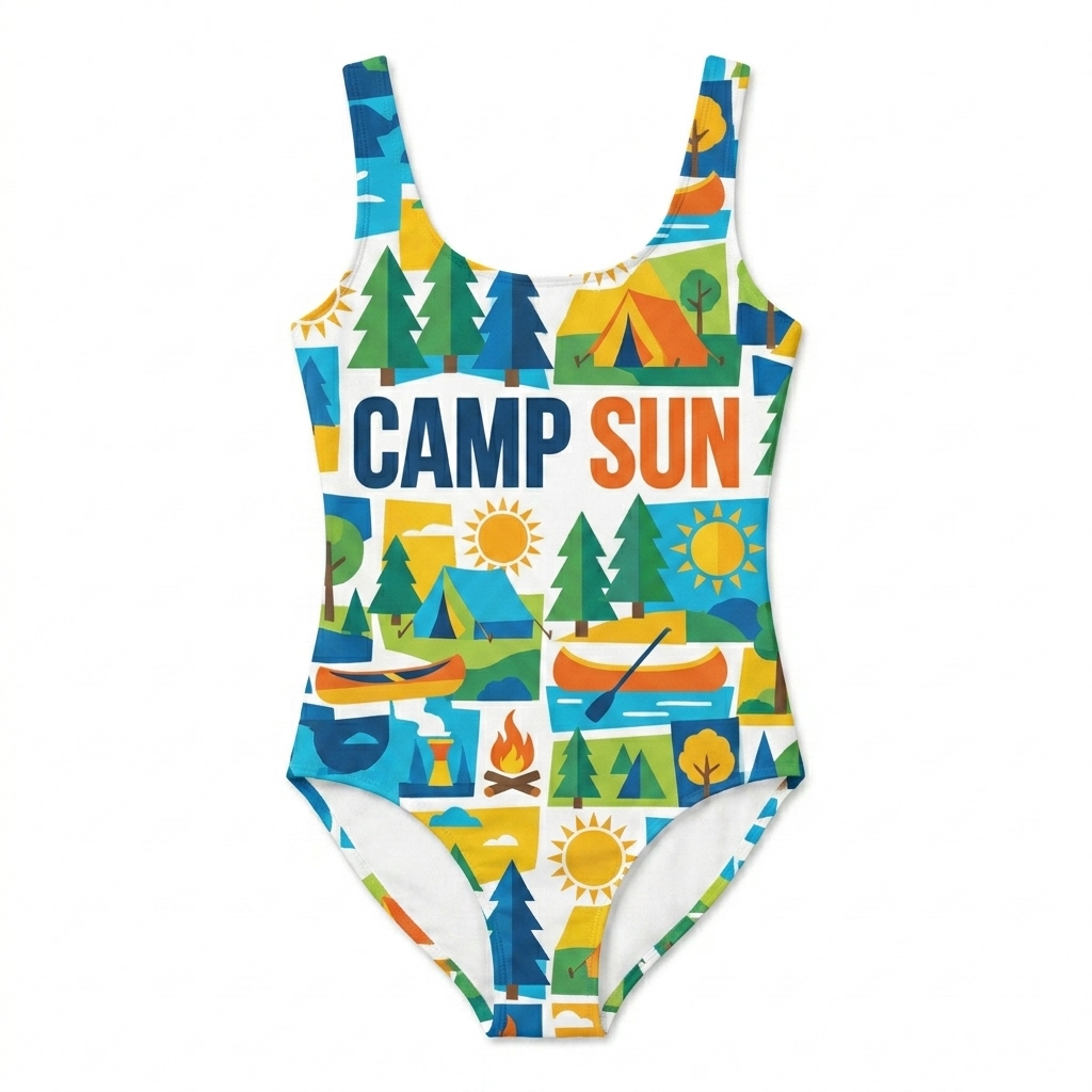 Custom Youth All-Over Print Swimsuit design direction 1: Retro Summer Camp featuring the CAMP SUN wordmark
