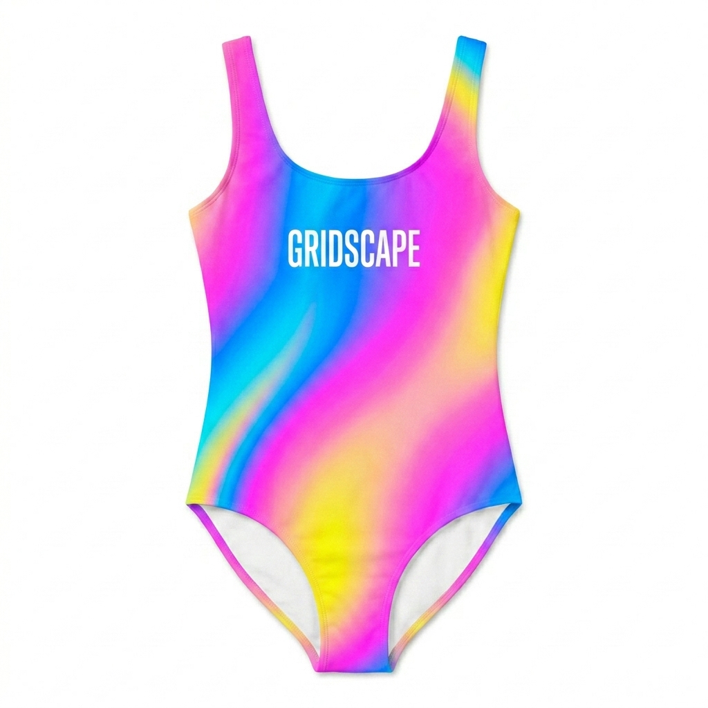 Custom Youth All-Over Print Swimsuit design direction 3: Geometric Pixel Flow featuring the GRIDSCAPE wordmark