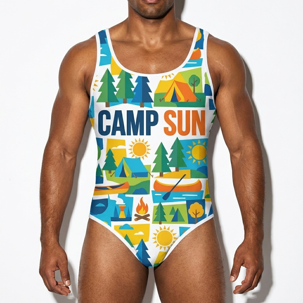 Youth All-Over Print Swimsuit worn by a broad-shouldered South Asian male fashion influencer, y2k revival styling, studio lookbook — custom youth all-over print swimsuit