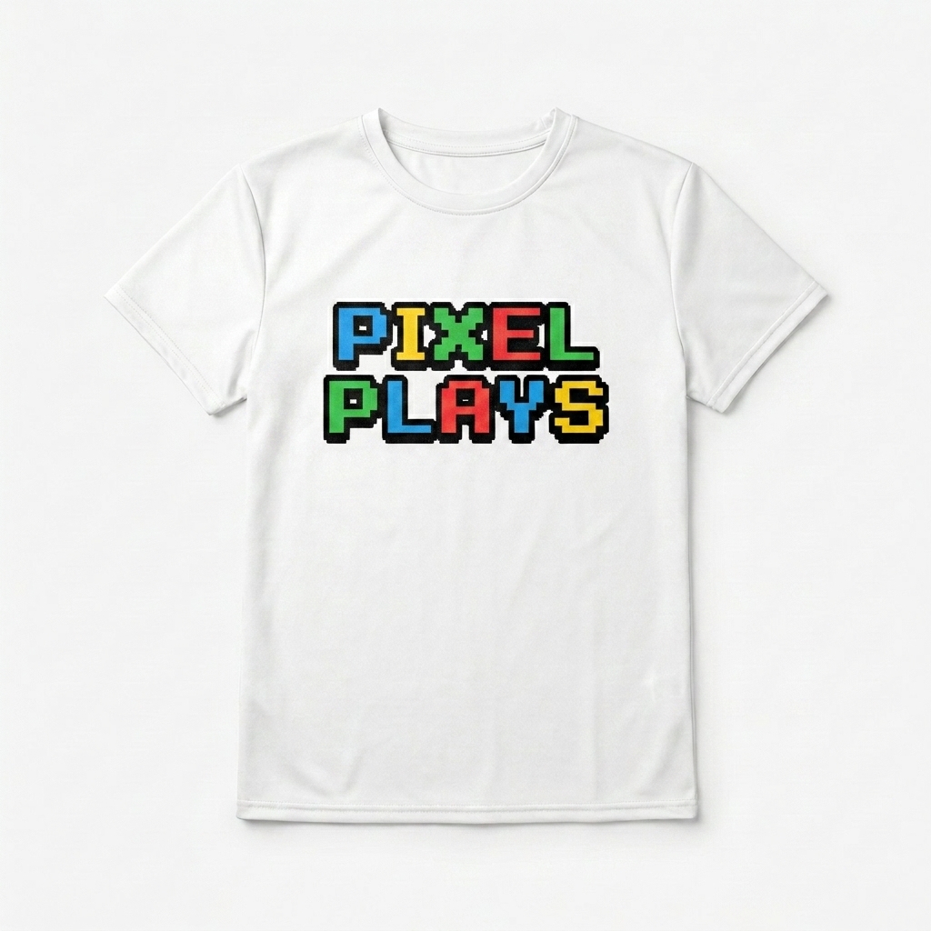 Custom Youth All-Over Print T-Shirt design direction 1: Pixelated Retro Gaming featuring the PIXEL PLAYS wordmark