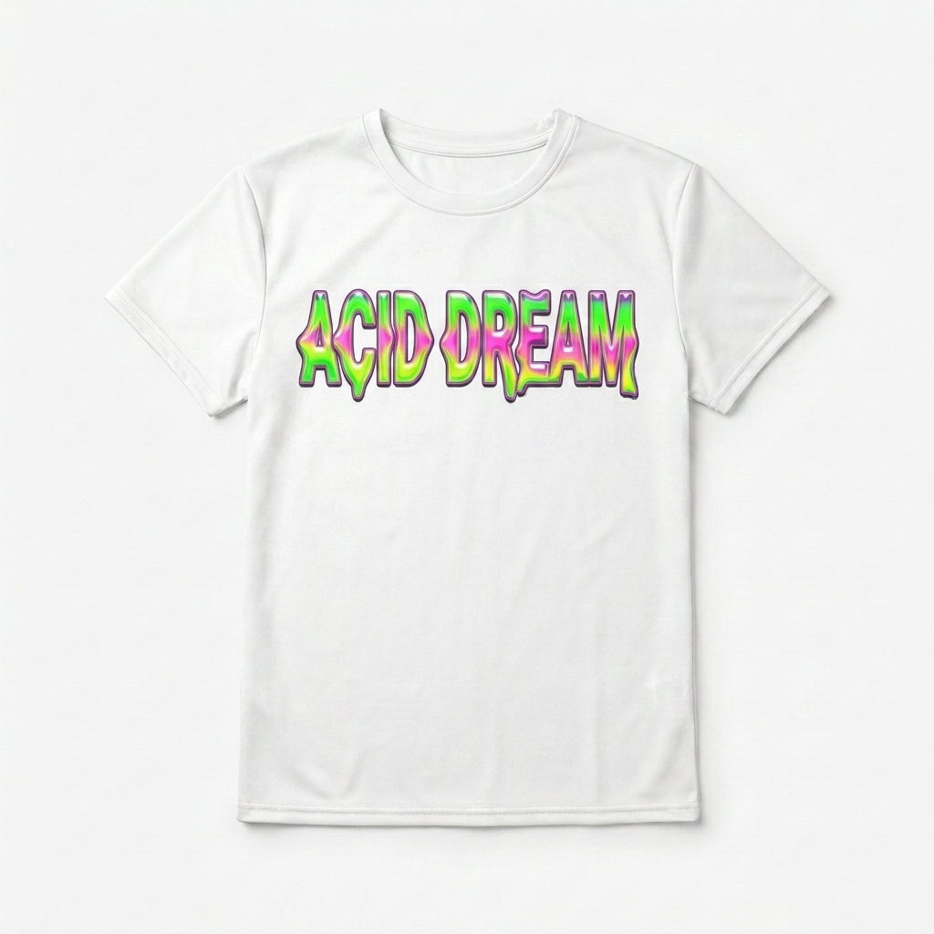 Custom Youth All-Over Print T-Shirt design direction 3: Swirling Gradient Wave featuring the ACID DREAM wordmark