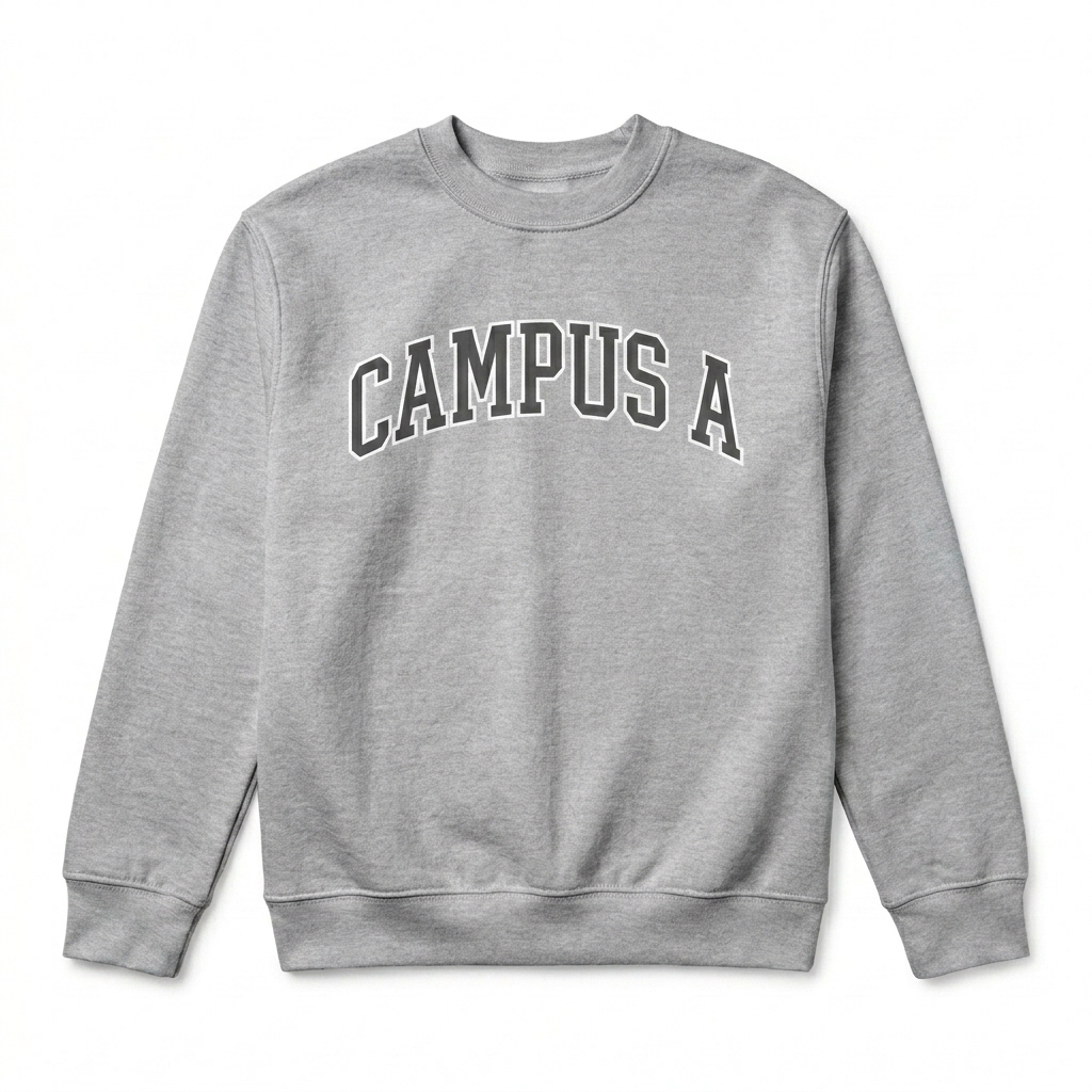 Custom Youth Crewneck Sweatshirt design direction 1: Retro Collegiate Wordmark featuring the CAMPUS A wordmark