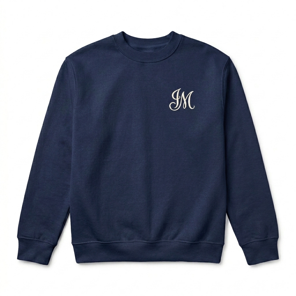Custom Youth Crewneck Sweatshirt design direction 2: Minimalist Chest Monogram featuring the JM wordmark