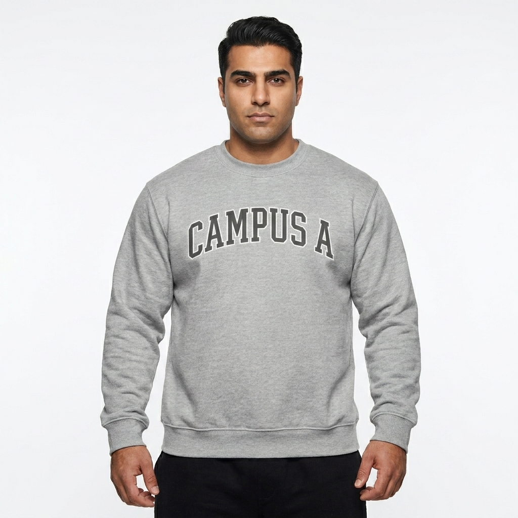 Youth Crewneck Sweatshirt worn by a broad-shouldered Persian male fashion influencer, minimalist luxury styling, studio lookbook — custom youth crewneck sweatshirt