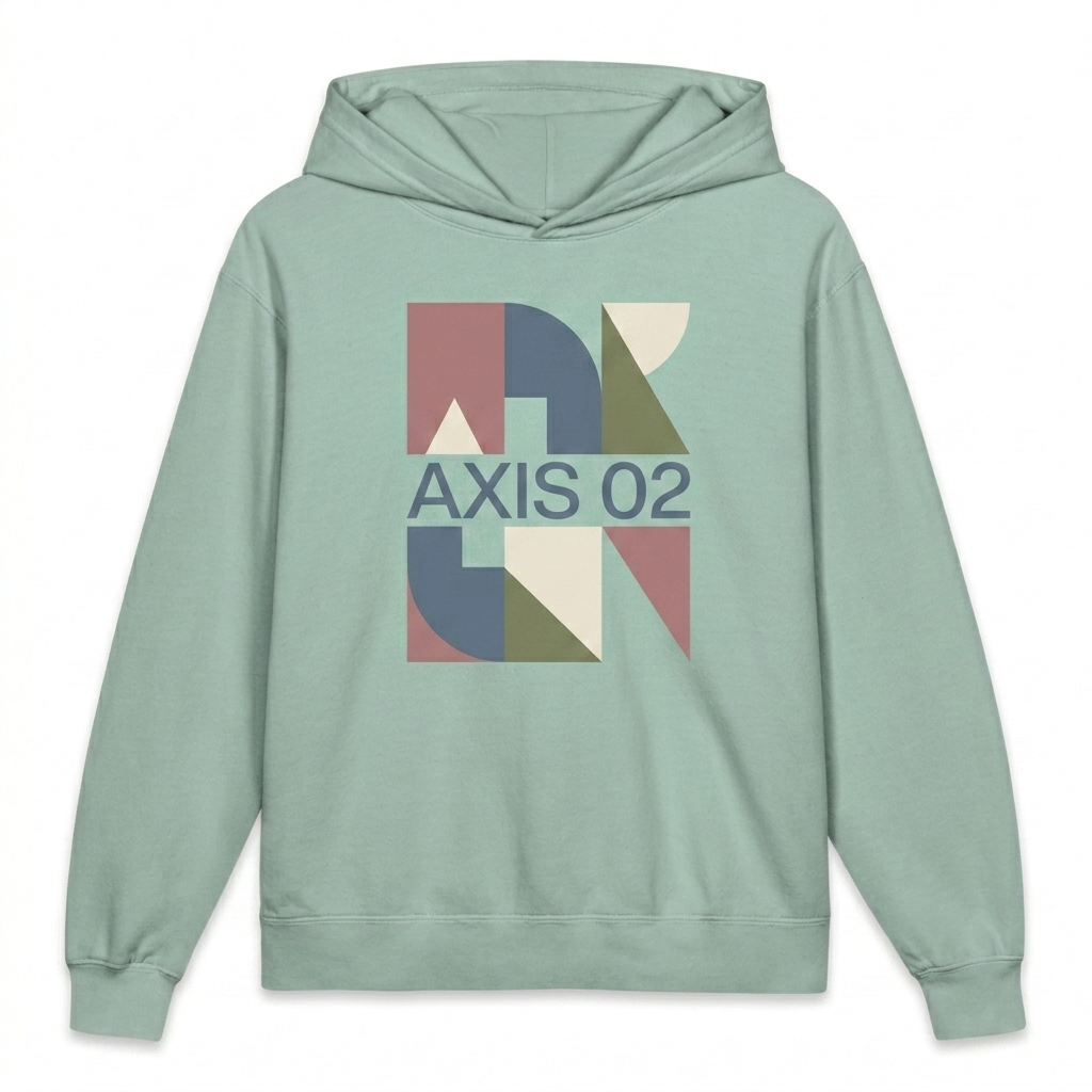 Custom Youth Garment-Dyed Hooded Sweatshirt design direction 2: Bold Abstract Graphic featuring the AXIS 02 wordmark
