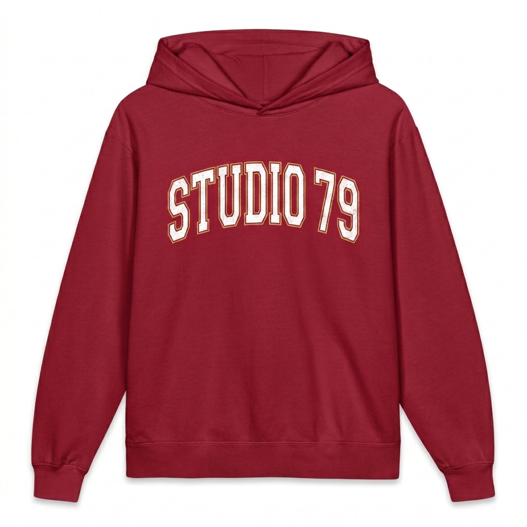 Custom Youth Garment-Dyed Hooded Sweatshirt design direction 3: Retro Collegiate Emblem featuring the STUDIO 79 wordmark