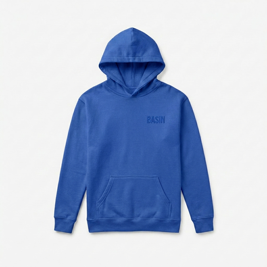 Custom Youth Heavyweight Pullover Hoodie design direction 1: Tonal Minimalist Wordmark featuring the BASIN wordmark
