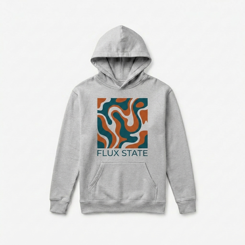 Custom Youth Heavyweight Pullover Hoodie design direction 2: Bold Abstract Graphic featuring the FLUX STATE wordmark