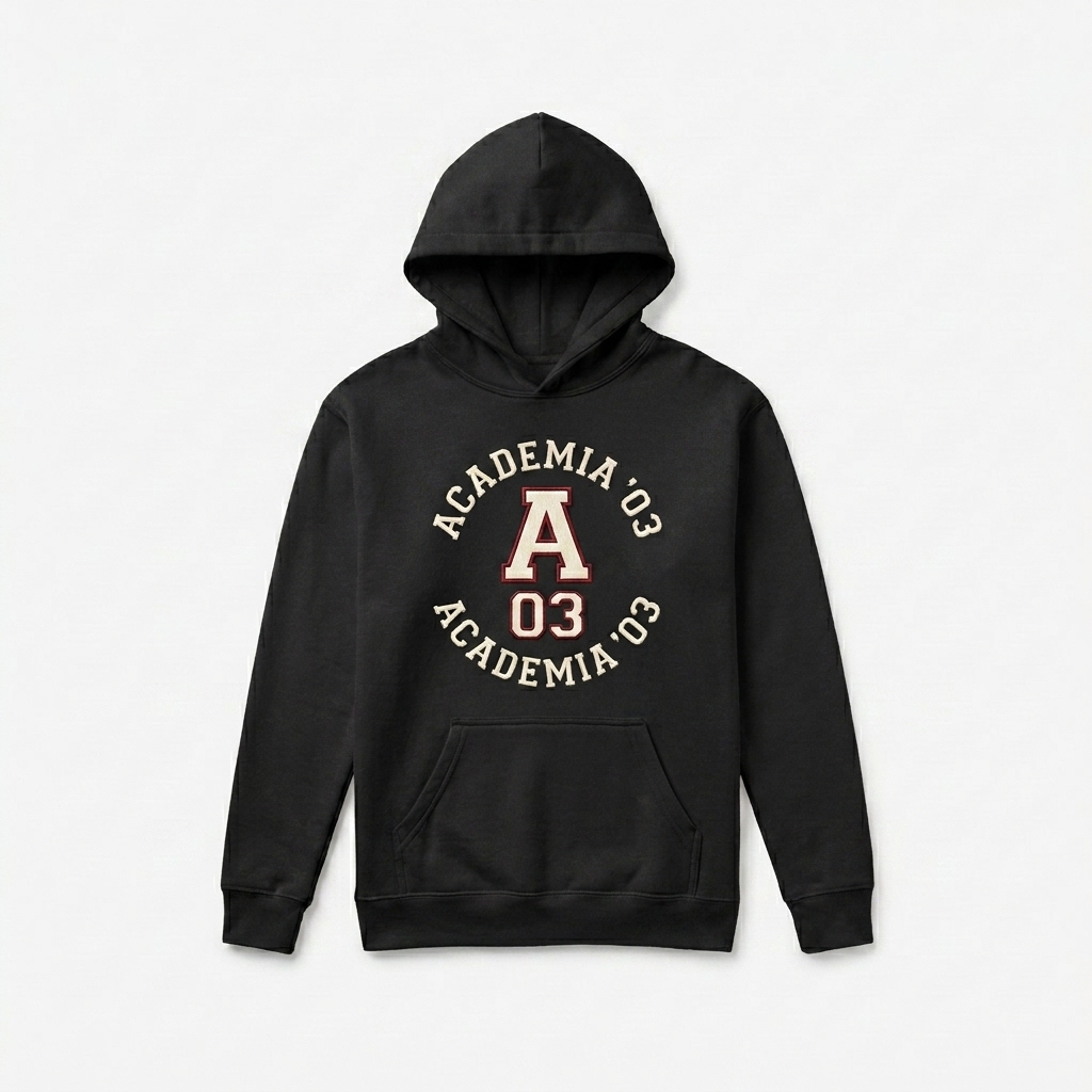 Custom Youth Heavyweight Pullover Hoodie design direction 3: Retro Collegiate Emblem featuring the ACADEMIA '03 wordmark